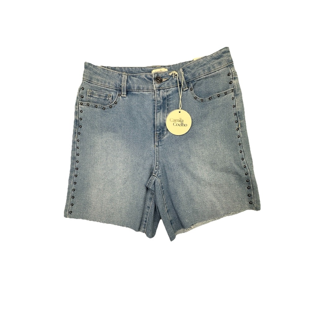 Camila Coelho High Waist Midi Shorts Denim Size 4 Light Wash Studs Outlining NWT